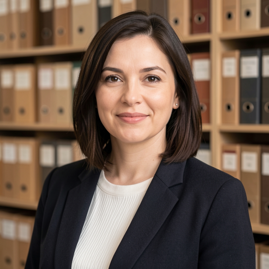 Portrait of Talmora founding specialist, standing in front of an archive wall, natural studio lighting