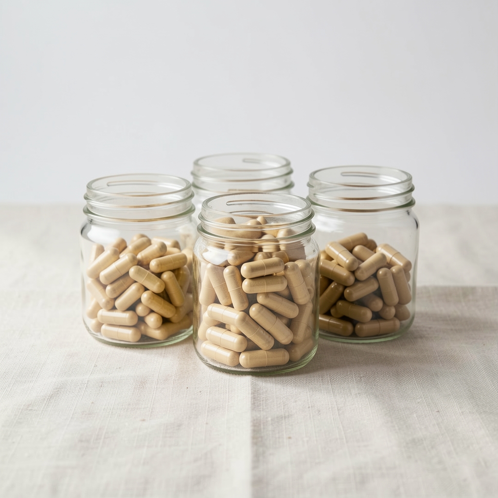 Arranged glass jars of natural plant-based supplement capsules on a clean linen surface under controlled studio lighting