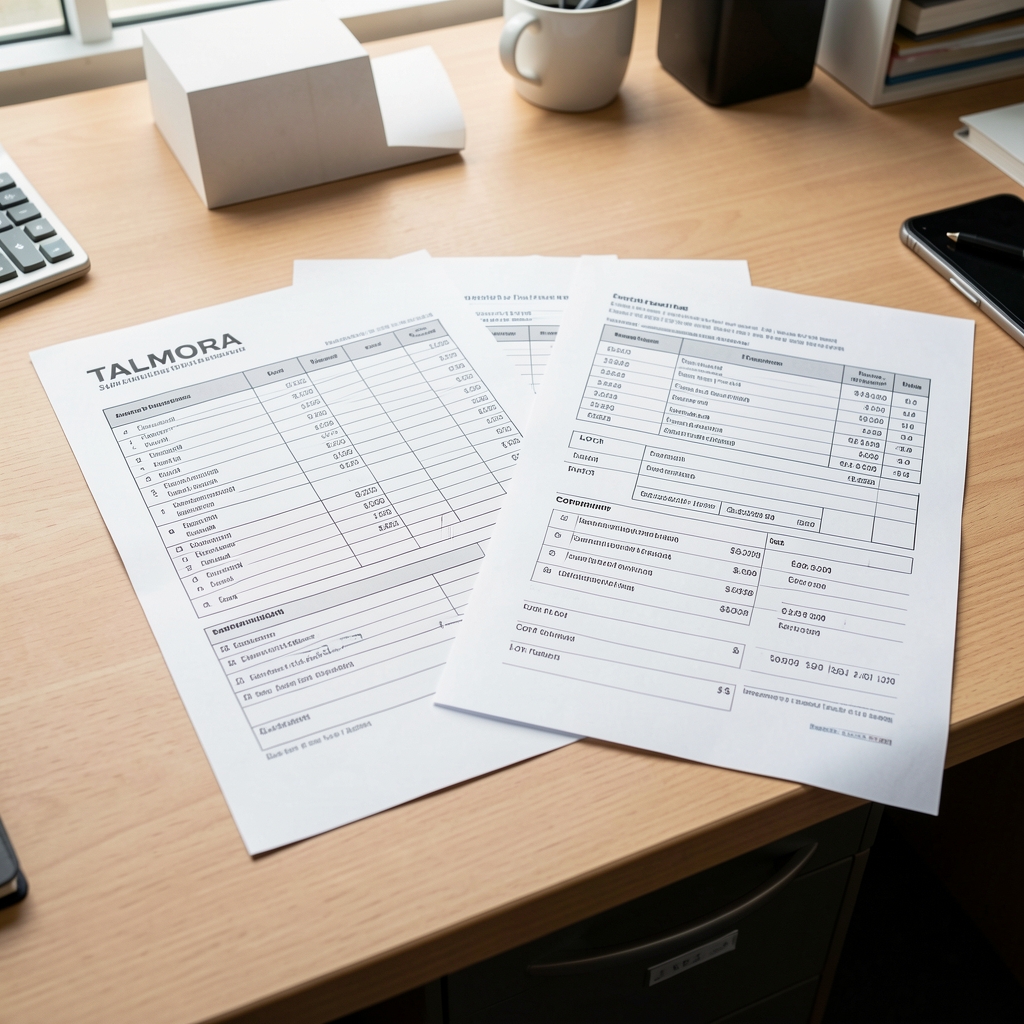 Talmora supplement documentation laid flat on a work desk — batch records, lot codes and composition sheets visible under bright workspace lighting
