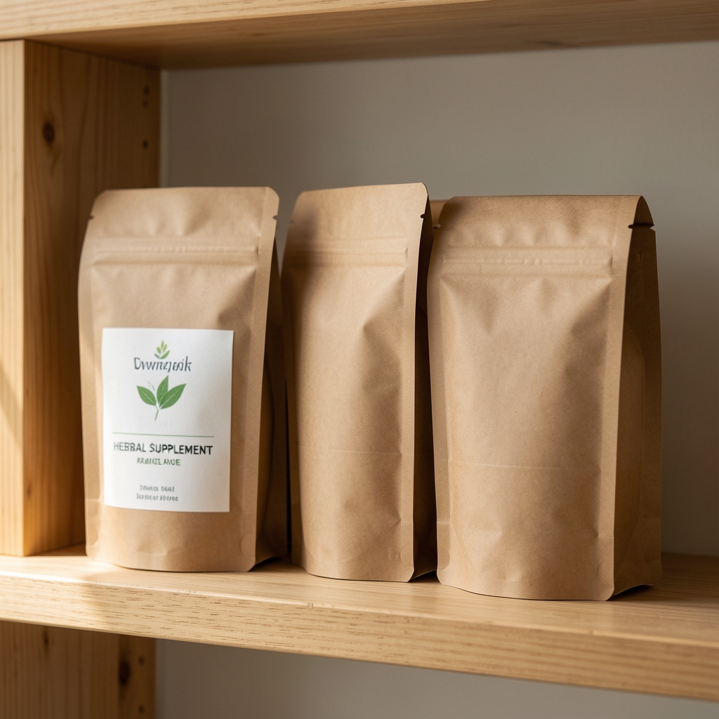 Brown kraft paper packaging of herbal supplement range stacked on a natural wood shelf, soft natural light from the side